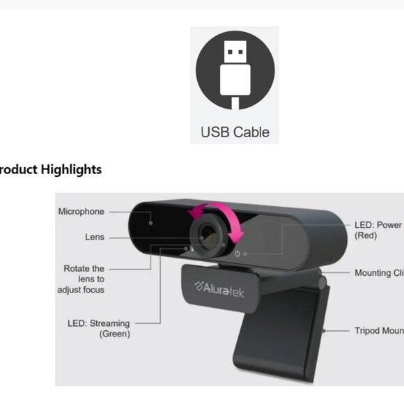 Aluratek HD Webcam AWC03F HD1080p Compatible w/ Tripods, Supports MacOS, Windows - Picture 2 of 6